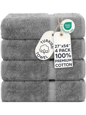Soft 100% Cotton Gray Bath Towels - 4-Pack, Extra Absorbent, Quick-Dry, 27x54